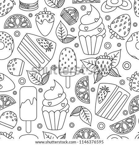 Coloring book hand drawn outline artwork page vector illustration. Coloringbook children learning kindergarten activity worksheets dessert doodle. Textile print. Page fill in kawaii style anti-stress