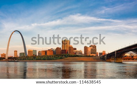 Panoramic view of St Louis with The Gateway Arch and Eads Bridge Royalty-Free Stock Photo #114638545