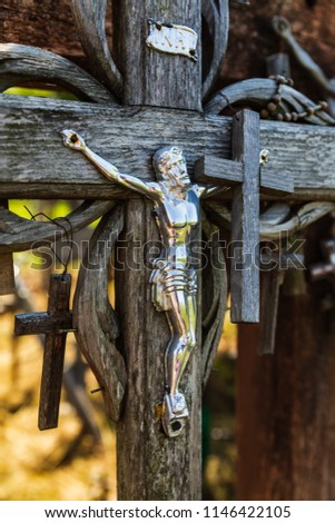 The Crucifixion of Chris at the Hill of Crosses in Siauliai, Lithuania. Hill of Crosses is a unique monument of history and religious folk art