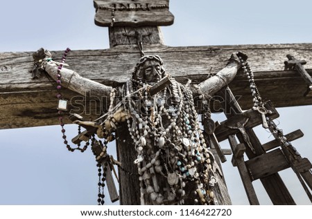 The Crucifixion of Christ. Hill of Crosses is a unique monument of history and religious folk art in Siauliai, Lithuania. 