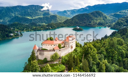 Aerial view of Lake Bled and the castle of Bled. Aerial FPV drone photography. Slovenia, Europe Royalty-Free Stock Photo #1146456692