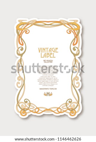 Frame, border in art nouveau style in soft gold colors on white background. Label for products or cosmetics. Vintage, old, retro style. Stock vector illustration.