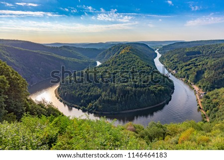 Unique landscape and landmark of the Saarland with a view to Saar river bend in Germany Royalty-Free Stock Photo #1146464183
