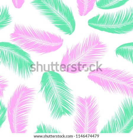 Vector Feathers. Tropical Seamless Pattern with Exotic Jungle Plants. Coconut Tree Leaf. Simple Summer Background. Illustration EPS 10. Vector Feathers Silhouettes or Hawaiian Leaves of Palm Tree.