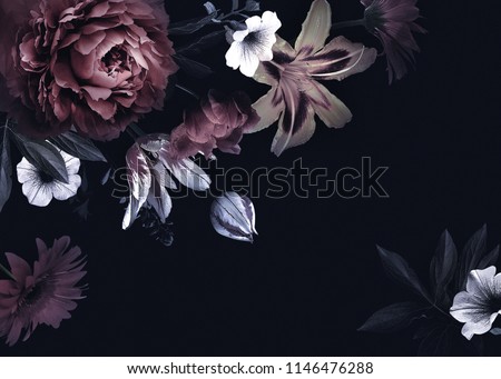 Floral vintage card with flowers. Peonies, tulips, lily, hydrangea on black background.  Template for design of wedding invitations, holiday greetings, business card, decoration packaging Royalty-Free Stock Photo #1146476288