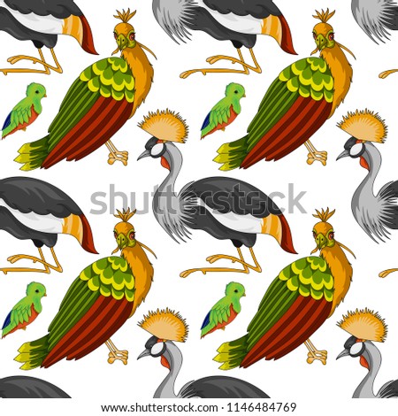 Exotic birds seamless pattern. Cartoon vector illustration with stroke isolated on white