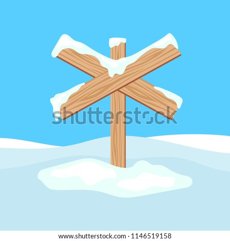 Blank wooden sign with snow on blue sky background. Winter vector illustration