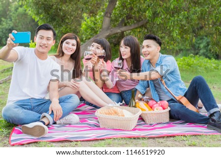 people selfie happily in the outdoor and go on picnic