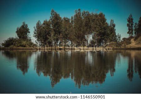 Mountain landscape reflected in mirror like water surface of a lake