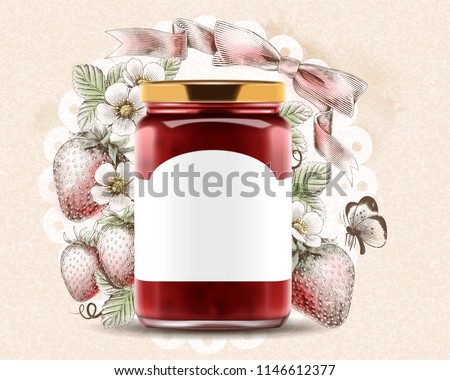 Elegant strawberry jam ads with 3d illustration blank label glass jar on engraved fruity background