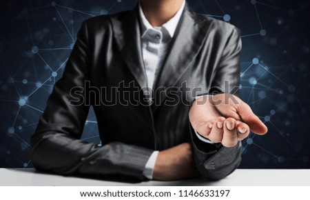 Cropped image of businessman in black suit presenting empty palm with network connections on background. 3D rendering.