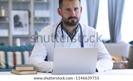 No, Rejecting Doctor Looking at Camera in Clinic