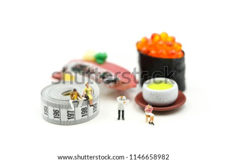 Miniature people : beautiful woman and doctor  with tape Measure of food diet,Healthcare and diet concept.