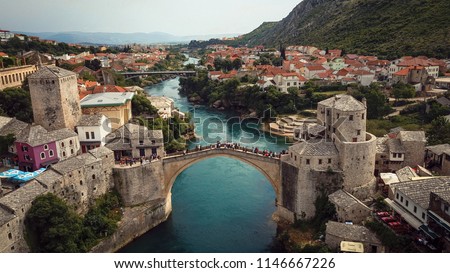 Panoramic view to the Old Bridge, Mostar, Bosnia and Herzegovina Royalty-Free Stock Photo #1146667226