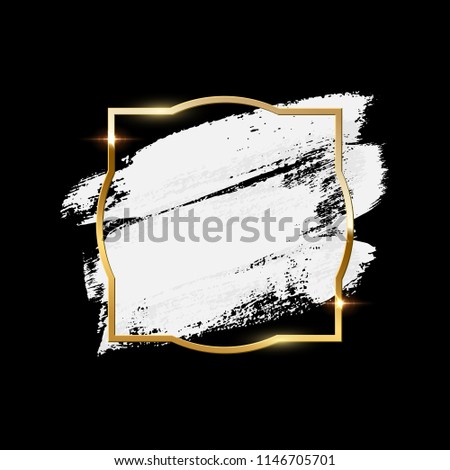 White brush strokes with golden frame isolated on black background. Vector design element.