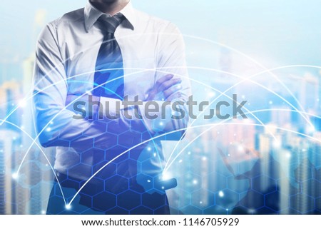 Businessman on abstract city background with digital map. Connectivity and travel concept. Double exopsure