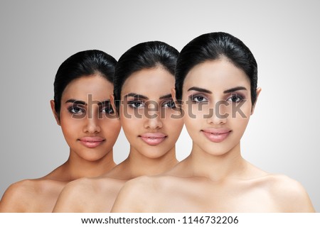 Young Asian attractive woman with skin brightening or facial rejuvenation concept. Face whitening after treatment compare before - after and lightening complexion for healthy or skincare business. Royalty-Free Stock Photo #1146732206