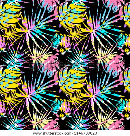 Seamless summer tropical leaves pattern, textile doodle grunge texture.Trendy modern ink artistic design with authentic,unique scrapes, watercolor blotted background, expressive ink painting