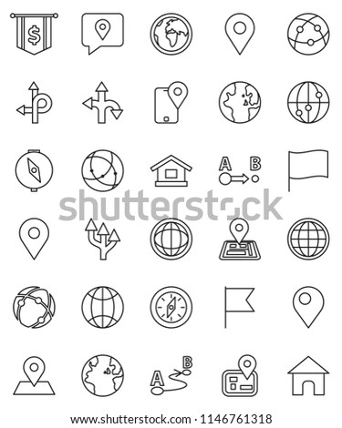 thin line vector icon set - compass vector, world, flag, dollar, route, navigator, earth, map pin, traking, internet, connection, globe, arrow, home