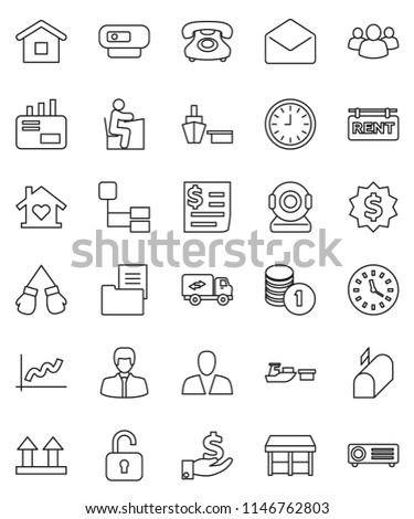thin line vector icon set - student vector, graph, manager, investment, coin stack, clock, dollar medal, boxing glove, phone, receipt, port, top sign, group, mail, hierarchy, estate document, market