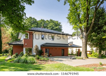 Trees and sun on the outside of a house with garden during summer