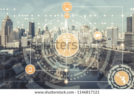 Smart city and wireless communication network concept - Internet of Things ( IOT ), Information Communication Technology ( ICT )