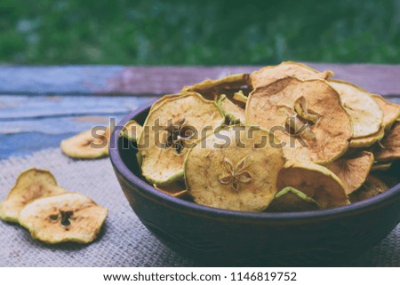 Organic apple chips. Dried fruits. Healthy sweet snack. Dehydrated and raw food. Copy space