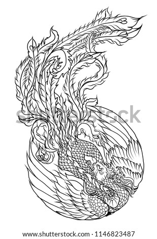 Phoenix fire bird vector and illustration design for tattoo.Chinese Peacock in circle Silhouette and isolated on white background. Phoenix colouring book vector.