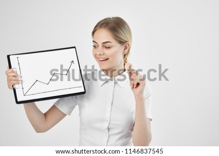  Business Woman smiling holding a schedule of coin finance company                              