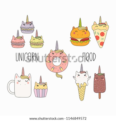 Hand drawn vector illustration of a kawaii funny food with unicorn horn, ears, with text. Isolated objects on white background. Line drawing. Design concept for cafe menu, children print.