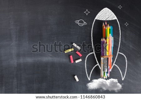 Back To School - Rocket Sketch On Blackboard Royalty-Free Stock Photo #1146860843