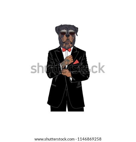 Rottweiler dressed up inTuxedo, anthropomorphic illustration, fashion dogs