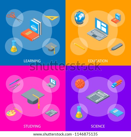School Equipments and Tools Banner Set Isometric View Include of Pencil, Ruler, Globe, Pen, Computer and Note. Vector illustration