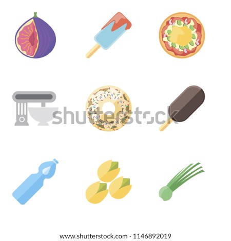Set Of 9 simple editable icons such as Chives, Pistachio, Water, Ice cream, Doughnut, Mixer, Pizza, Fig, can be used for mobile, pixel perfect vector icon pack