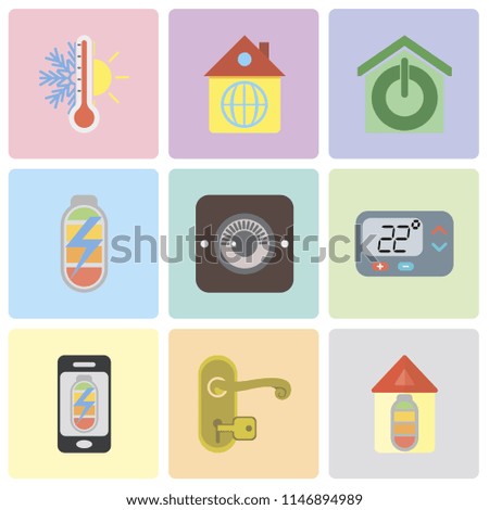 Set Of 9 simple editable icons such as Home, Handle, Mobile phone, Thermostat, Dimmer, Power, Smart home, can be used for mobile, pixel perfect vector icon pack