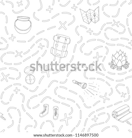 Vector camping seamless pattern with backpack, bonfire, shoes, map, cauldron, sleeping bag, flashlight, compass and path to location outline. Hand drawn travel ornament on the white background.
