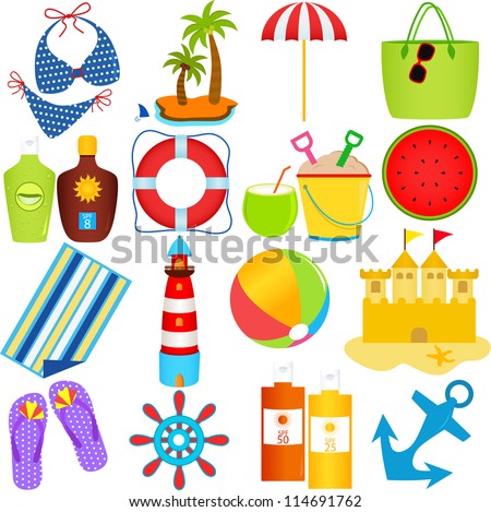Vector of  beach in the Summer Theme, swim suit, island, umbrella, coconut, sand castle, lighthouse, sunblock. A set of cute and colorful icon collection isolated on white background