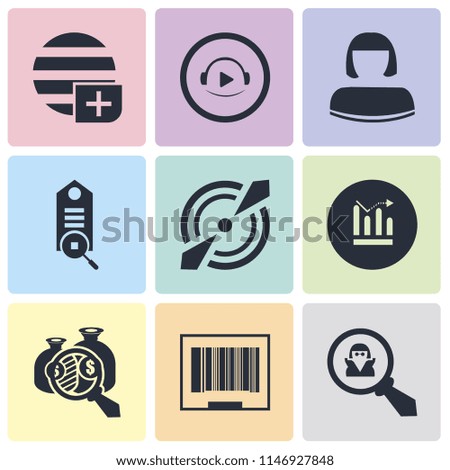 Set Of 9 simple editable icons such as Spy, Barcode, Analytics, Diagrams, Target, Tag, User, Video player, Worldwide, can be used for mobile, pixel perfect vector icon pack
