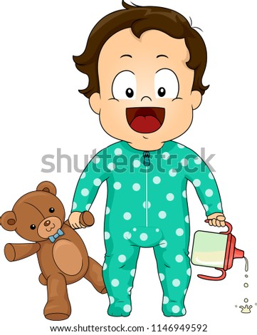 Illustration of Kid Boy Toddler Wearing Onesies and Holding a Teddy Bear Toy and a Sippy Cup