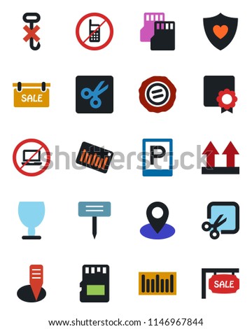 Color and black flat icon set - parking vector, no mobile, laptop, stamp, plant label, heart shield, pin, fragile, up side sign, hook, barcode, sd, cut, sertificate, sale