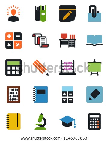 Color and black flat icon set - contract vector, book, calculator, graduate, abacus, desk, notepad, presentation board, microscope, notes, copybook, paper clip, pencil, shining head