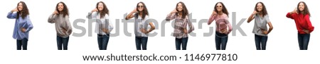 Composition of young brazilian woman isolated over white background smiling doing phone gesture with hand and fingers like talking on the telephone. Communicating concepts.