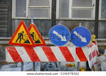 Traffic sign for construction works in street 