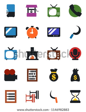 Color and black flat icon set - alarm clock vector, abacus, money bag, well, sickle, film frame, tv, video camera, microphone, call, fireplace, fridge, sand