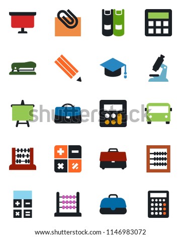 Color and black flat icon set - airport bus vector, book, calculator, graduate, abacus, presentation board, microscope, case, paper clip, pencil, stapler