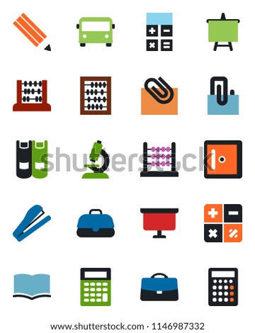 Color and black flat icon set - airport bus vector, checkroom, book, calculator, abacus, presentation board, microscope, case, paper clip, pencil, stapler