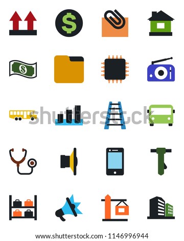 Color and black flat icon set - airport bus vector, luggage storage, dollar sign, tie, ladder, house, stethoscope, up side, sorting, radio, speaker, cell phone, folder, paper clip, crane, chip, cash