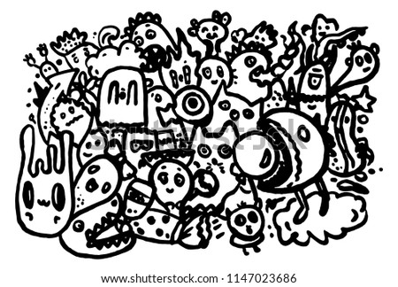 Vector illustration of Doodle cute Monster background. Hand drawing Doodle