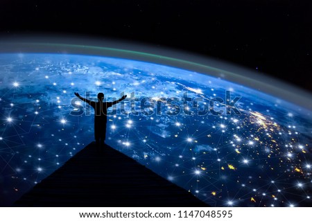 Abstract science,  global network connection on night earth background / soft focus picture / Blue tone concept / Borderless communication concept