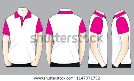 Men's White-Pink Short Sleeve Polo Shirt for Template on Gray Background.Front, Back and Side View, Vector File.